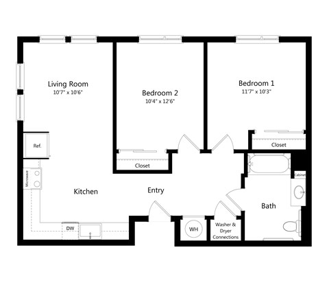 Floor plan for 2 beds, 1 bath, 794 sqft